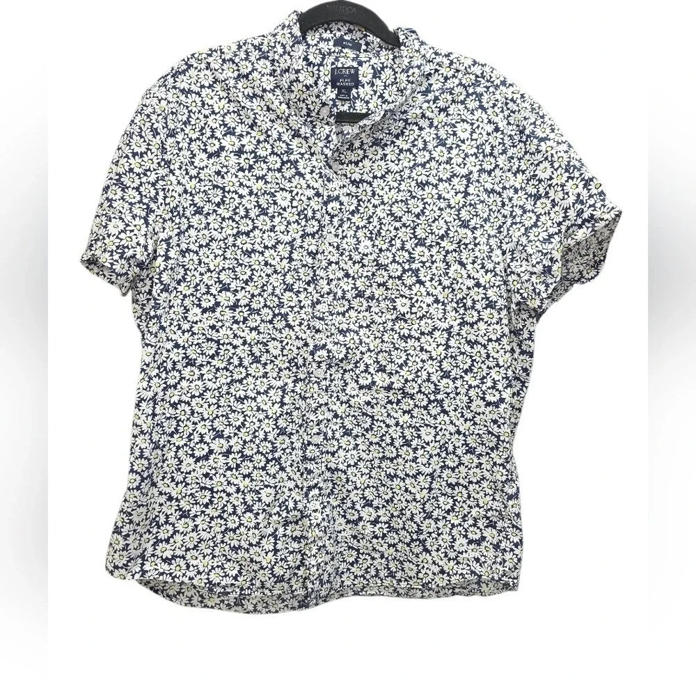 J. Crew Navy White Floral Shirt XL Stretch Summer Slim Flex Preppy Costal Beach‎